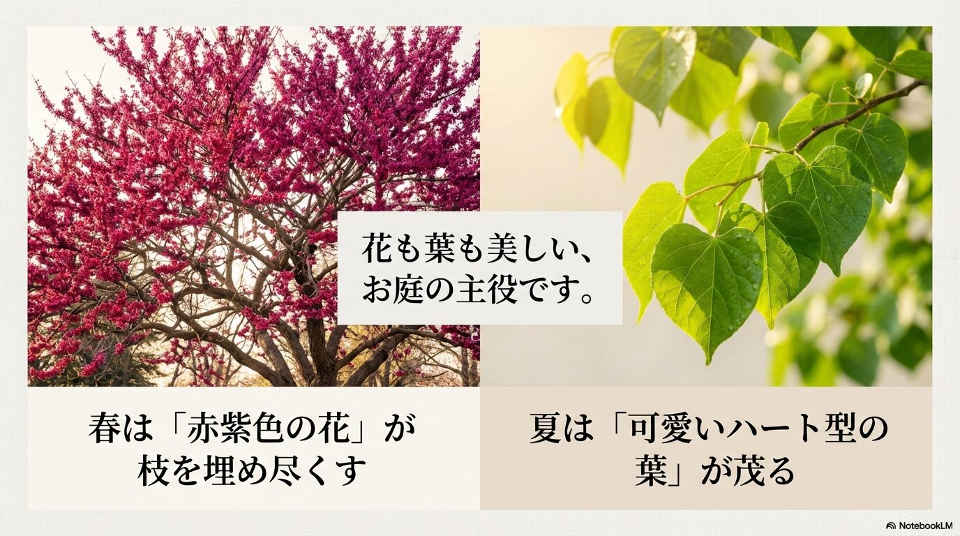 春には赤紫色の花が咲き、夏には可愛いハート型の葉が茂るハナズオウの魅力を伝えるスライド