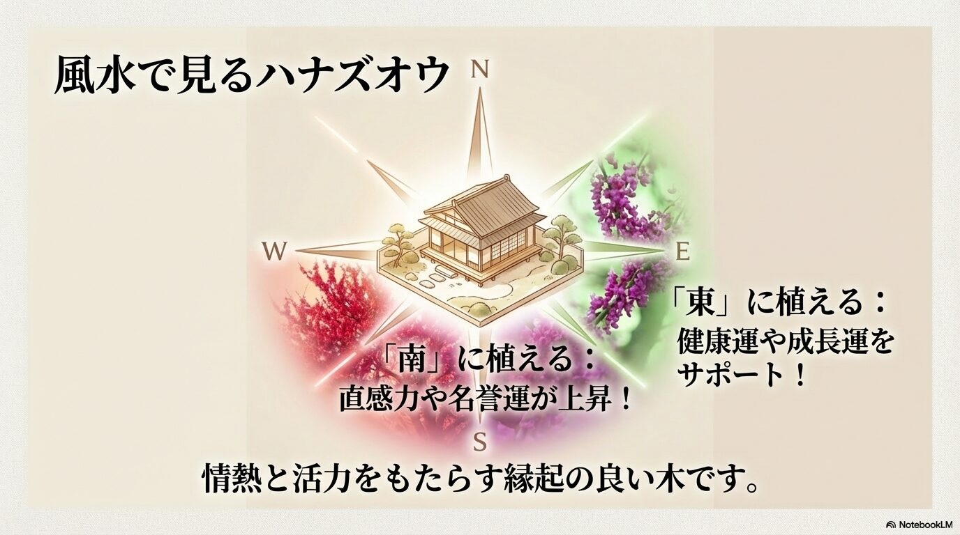 風水におけるハナズオウの適切なおすすめ方角(南・東)を示すスライド