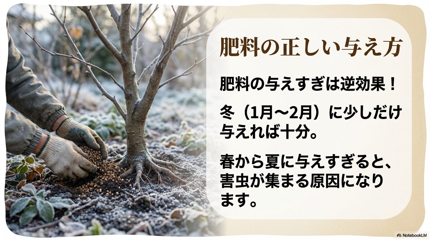 ハナズオウへの肥料の与えすぎは害虫を呼ぶ原因になり、冬に少しだけ与えるのが適切であることを示すスライド