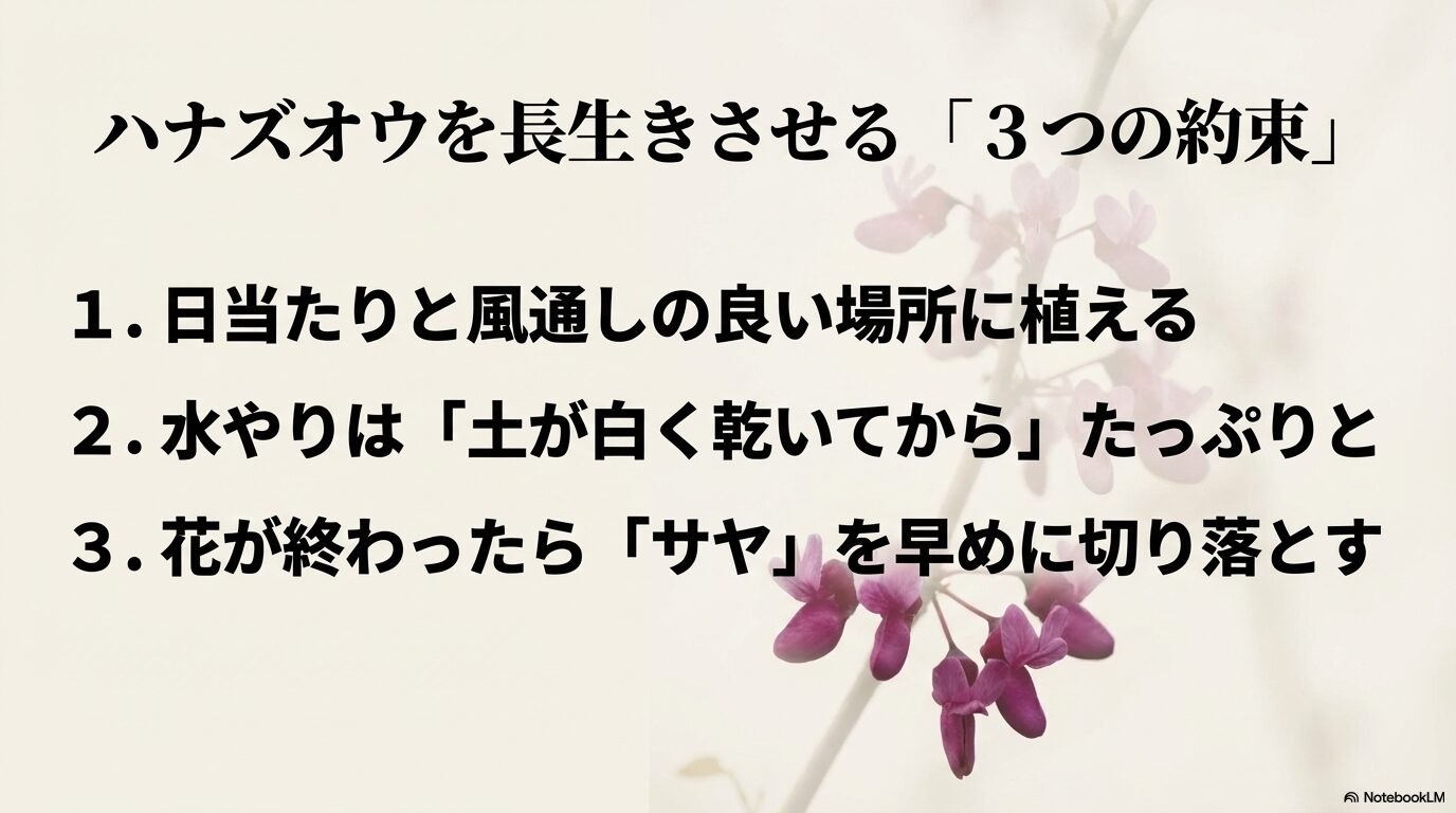 日当たり、水やり、サヤの切り落としなど、ハナズオウを長生きさせるための3つの約束をまとめたスライド