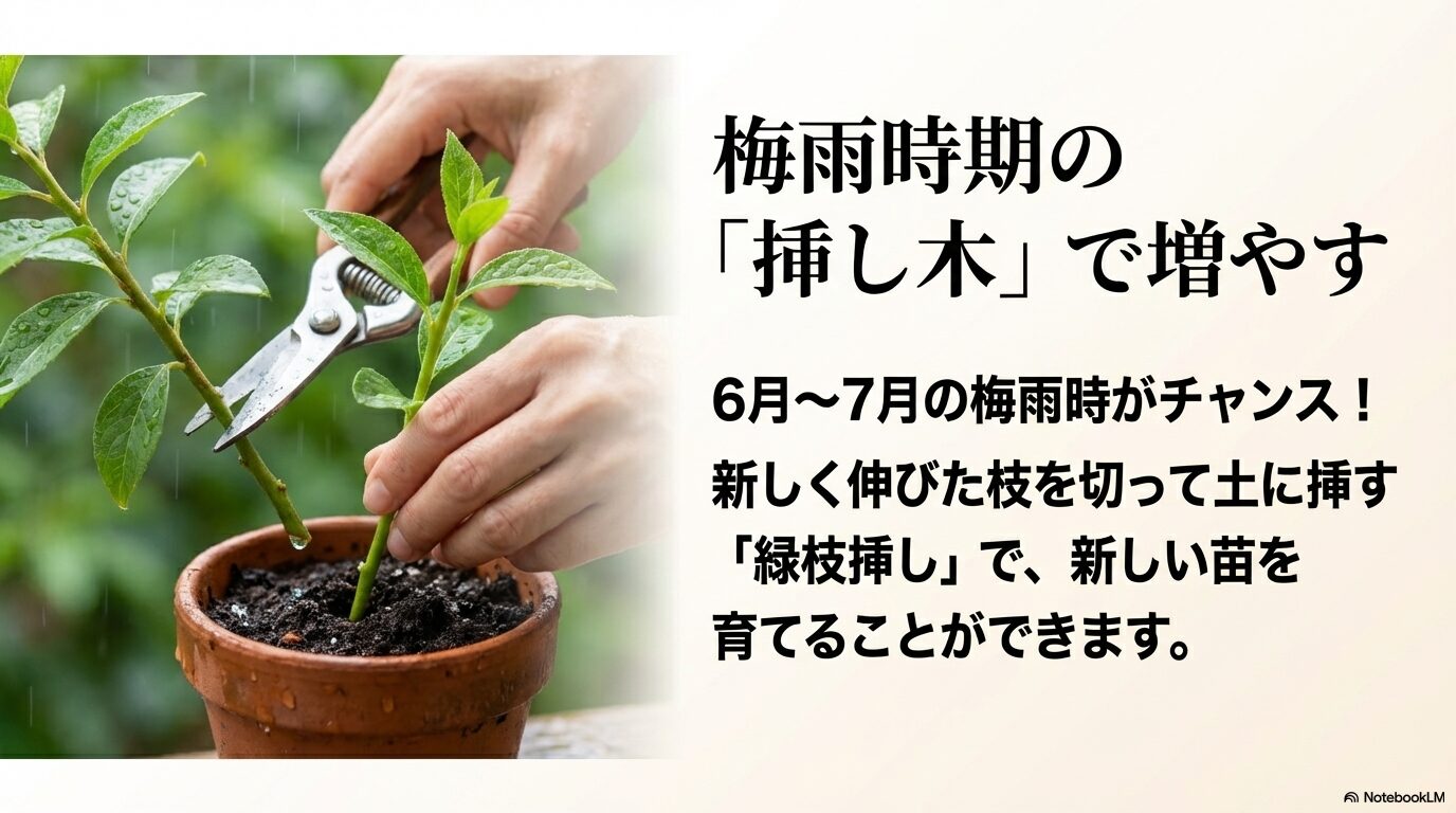 6月〜7月の梅雨時期に行うハナズオウの緑枝挿しによる増やし方のスライド