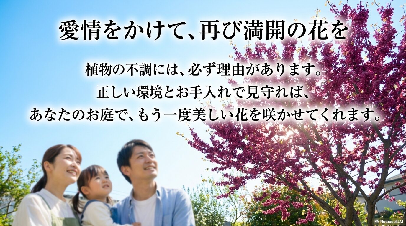 正しい環境とお手入れで見守れば、再び美しい花を咲かせてくれるというハナズオウ復活へのメッセージスライド