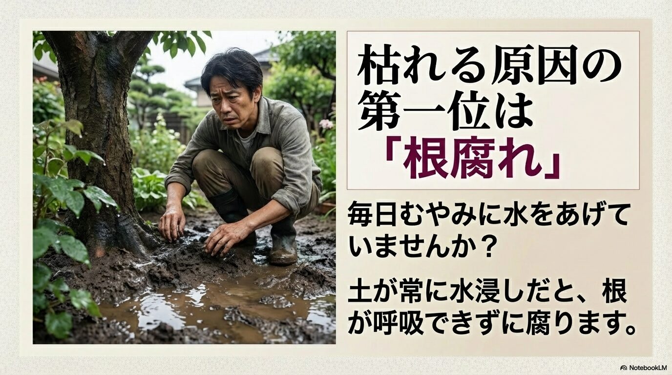 ハナズオウが枯れる最大の原因である過湿による根腐れへの注意喚起と水やりの鉄則スライド