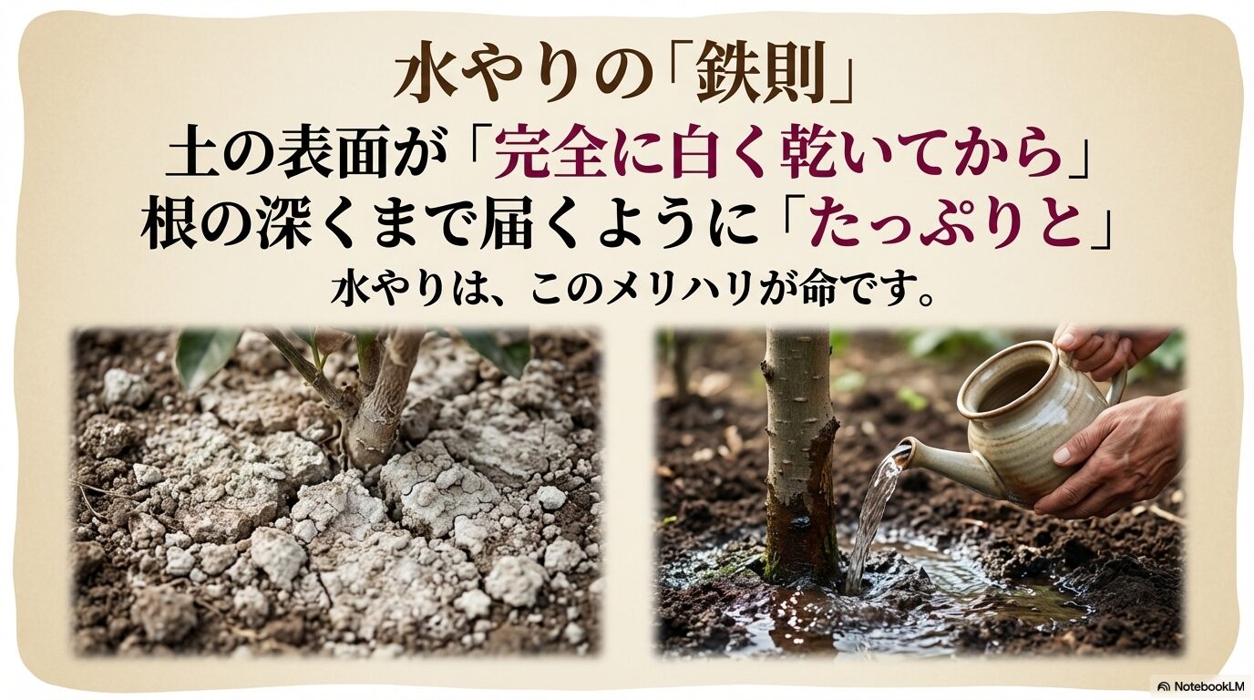ハナズオウが枯れる最大の原因である過湿による根腐れへの注意喚起と水やりの鉄則スライド-2