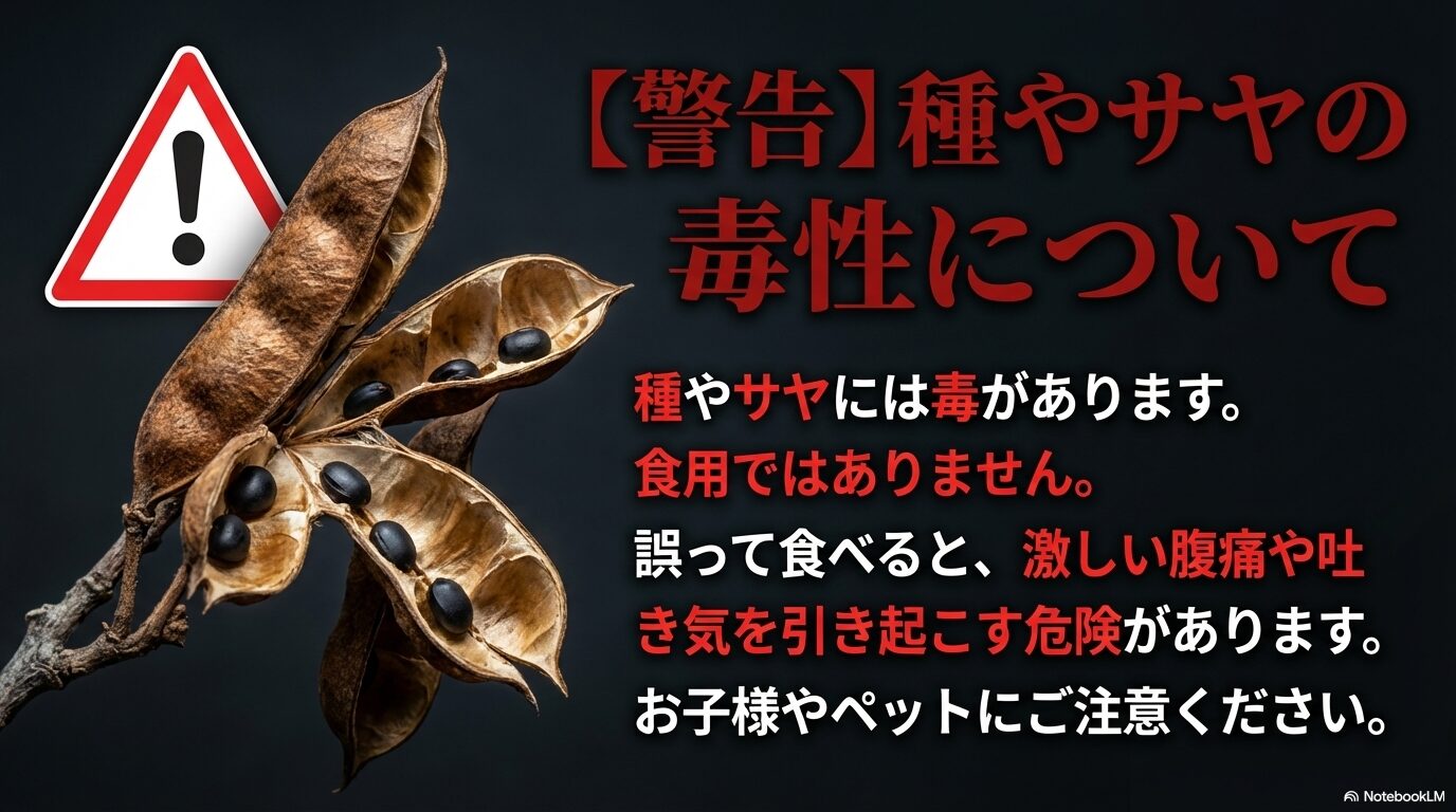 ハナズオウの種やサヤに含まれる毒性と、お子様やペットの誤食への警告を示すスライド