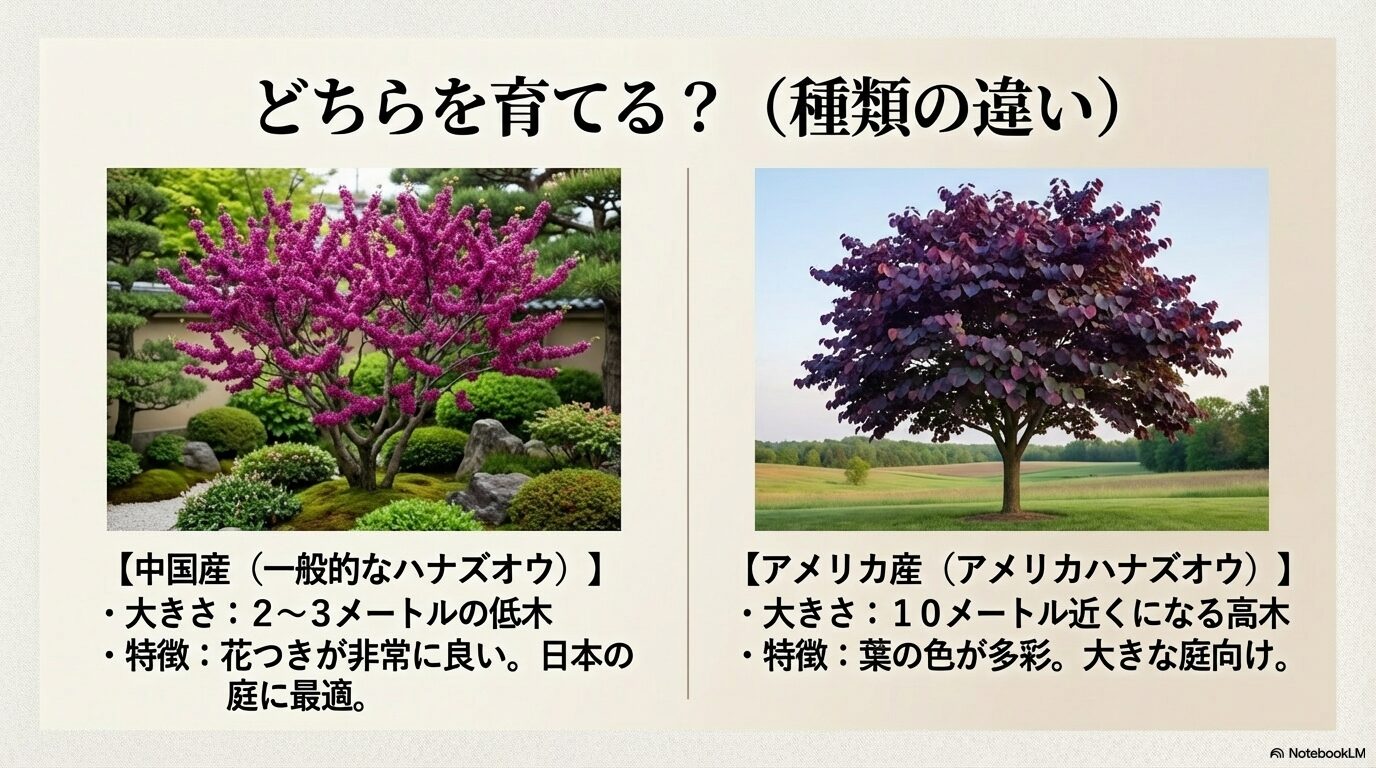 一般的な中国産ハナズオウとアメリカ産アメリカハナズオウの樹形や葉の色の違いを比較したスライド