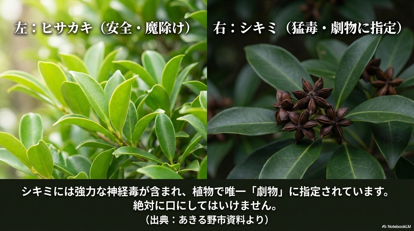 安全で魔除けになるヒサカキと、猛毒で劇物に指定されているシキミの比較画像