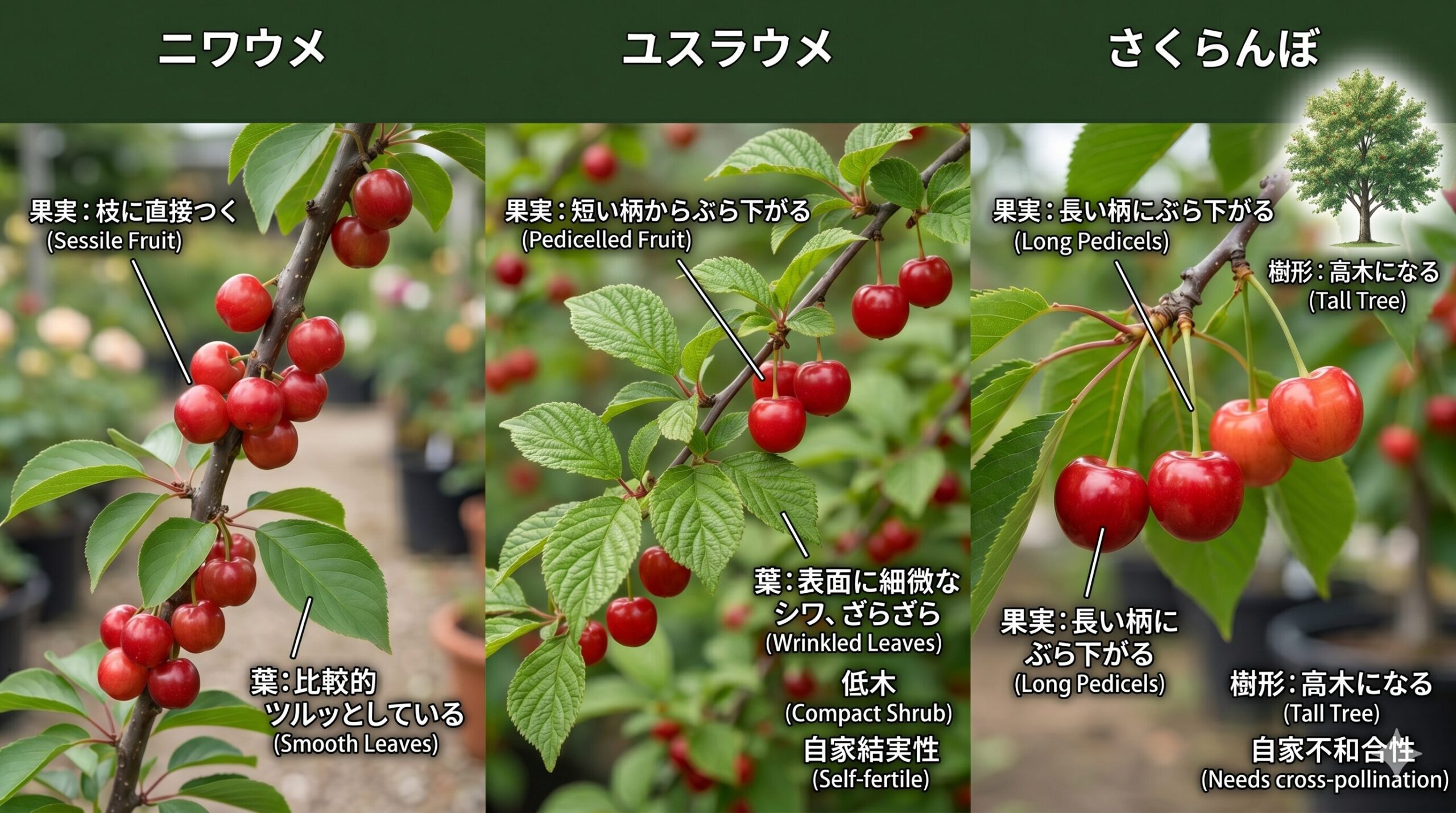 ユスラウメ、ニワウメ、さくらんぼの果実、葉、樹形、结果特性（自家不和合性）的比較図解。