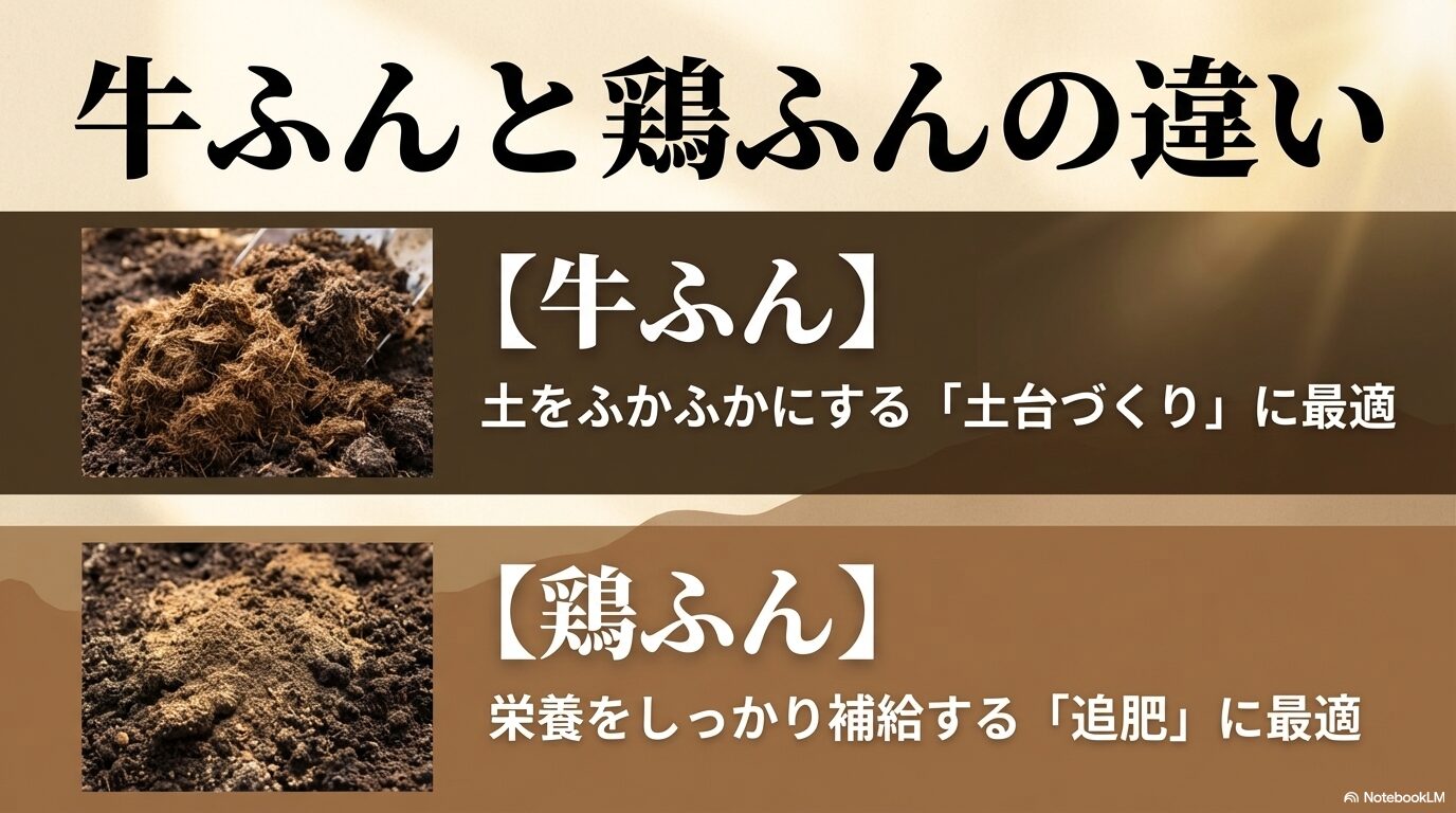 牛ふんは土をふかふかにする土台づくりに最適、鶏ふんは栄養をしっかり補給する追肥に最適