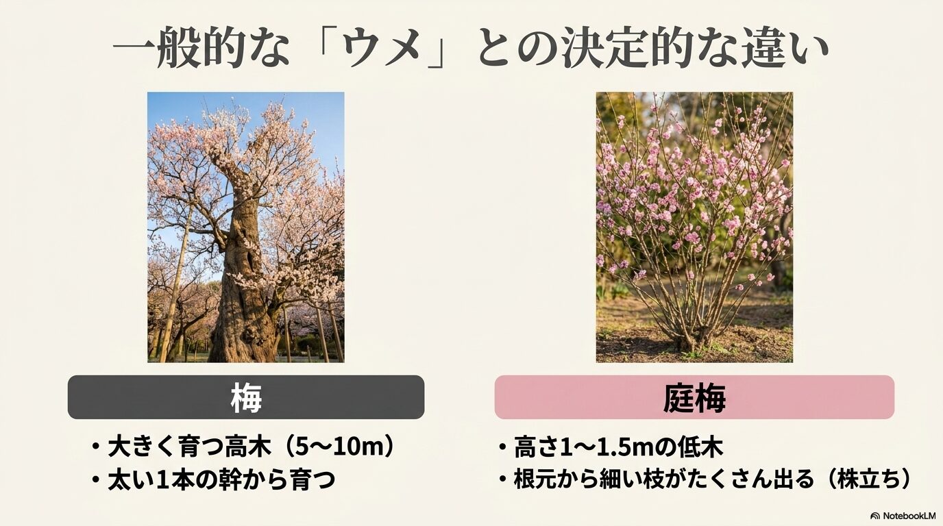 一般的なウメ（高木）とニワウメ（低木・株立ち）の樹高や幹の育ち方の違いを視覚化したスライド