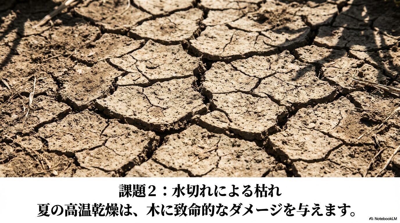 夏の高温乾燥によって深刻な水分不足に陥り、表面がひび割れてしまった土壌の様子
