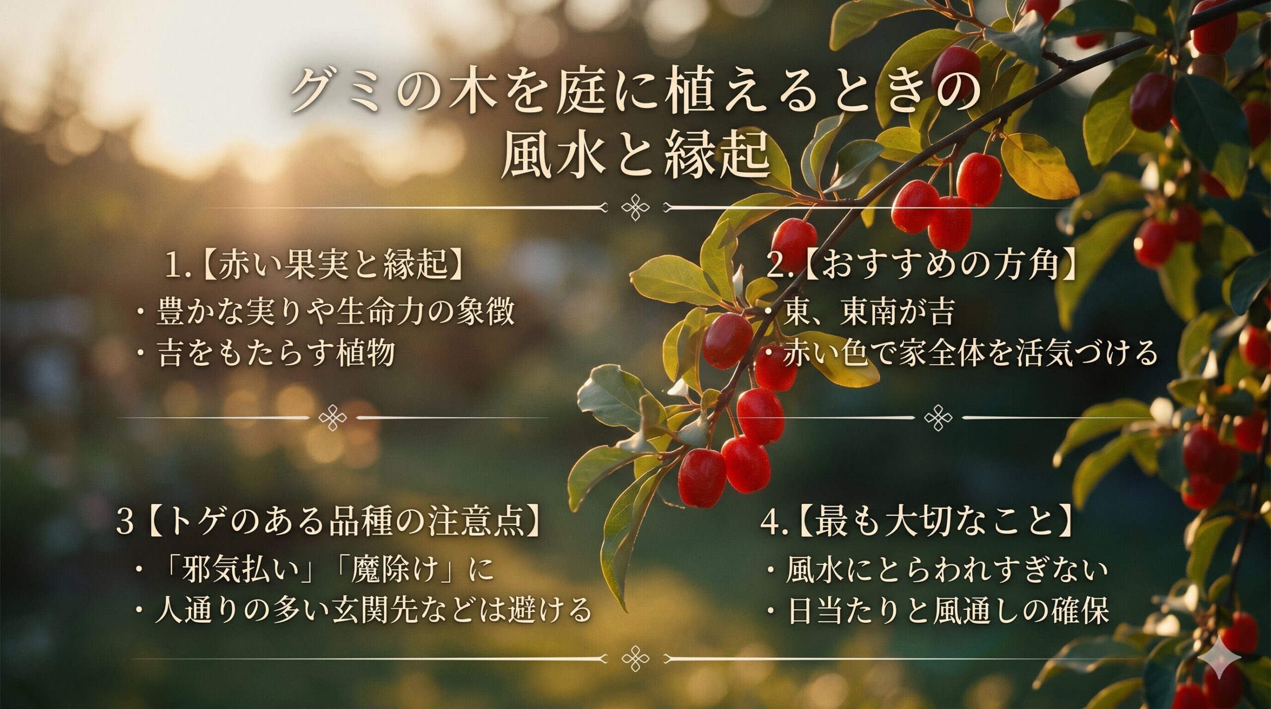 庭に植えるグミの木の風水と縁起についての解説スライド。赤い実の象徴、おすすめの方角（東・東南）、トゲのある品種の注意点（邪気払い）、最も大切な環境（日当たり・風通し）の4つの要点がまとめられています。