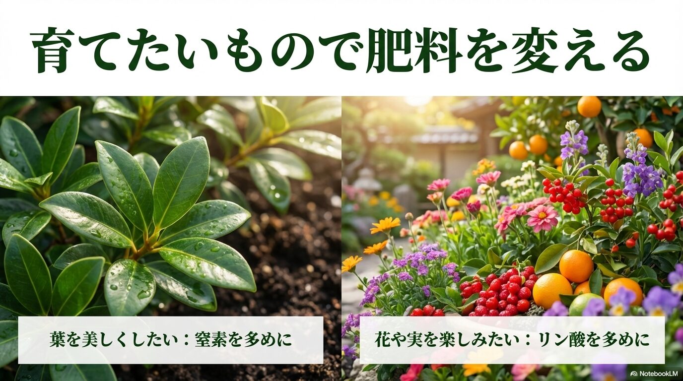 育てたいものに合わせて肥料を変える。葉を美しくしたいなら窒素、花や実を楽しみたいならリン酸を多めに