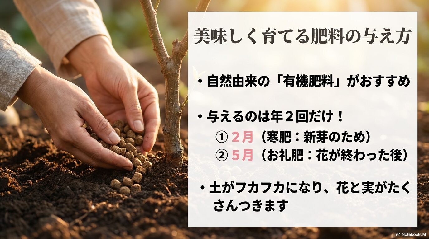 2月の寒肥と5月のお礼肥、年2回の肥料が花と実を増やす秘訣であることを伝えるスライド