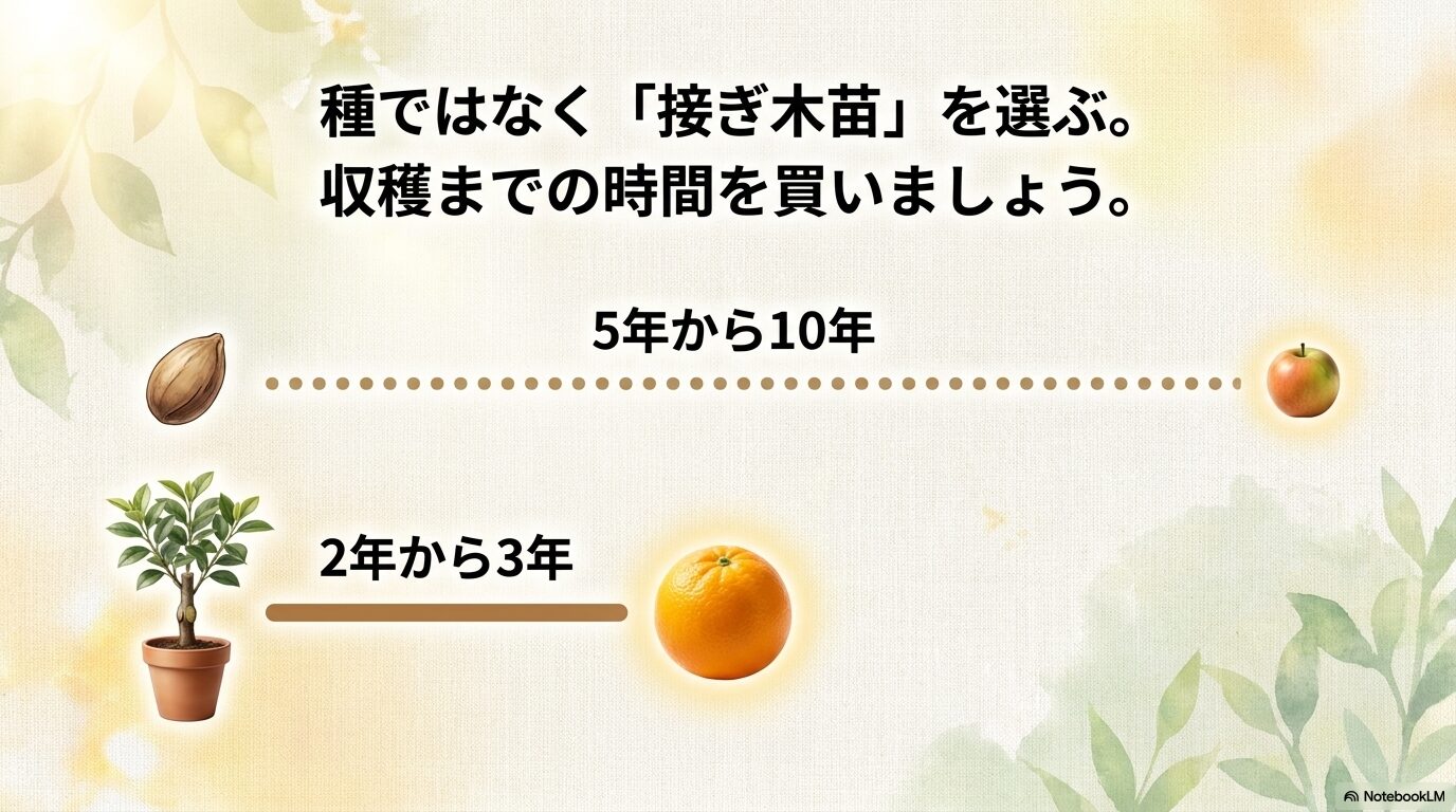 果樹栽培は種からではなく2年から3年で収穫できる接ぎ木苗を選ぶ