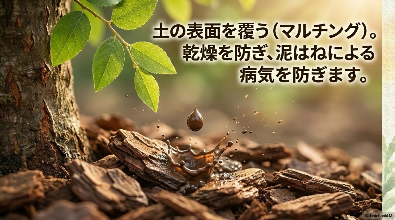 土の表面を覆い乾燥や泥はねによる病気を防ぐマルチング