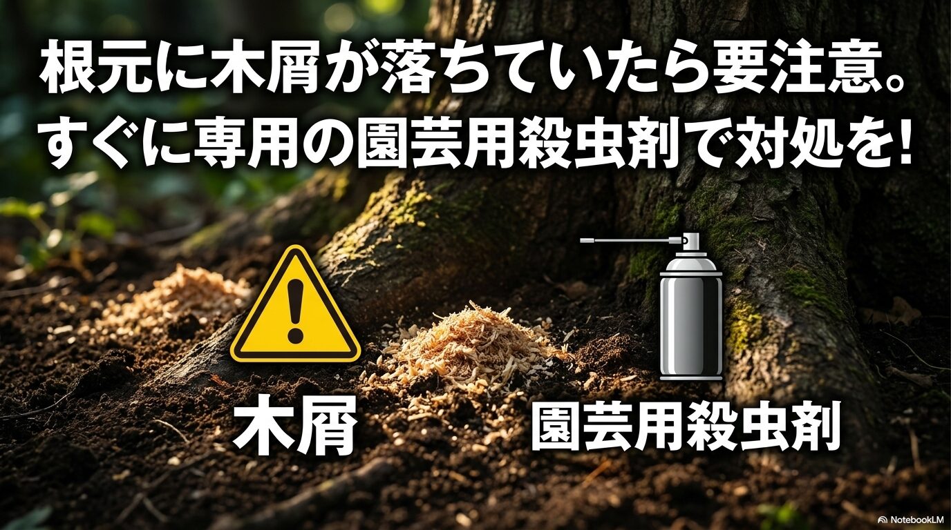 カミキリムシの幼虫の食害を示す根元の木屑と園芸用殺虫剤での対処法