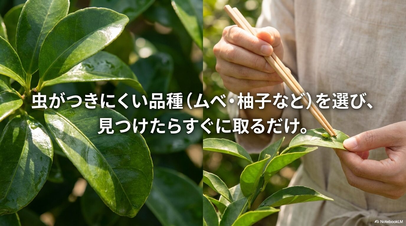 ムベや柚子など虫がつきにくい品種を選び見つけたら手で取る無農薬管理