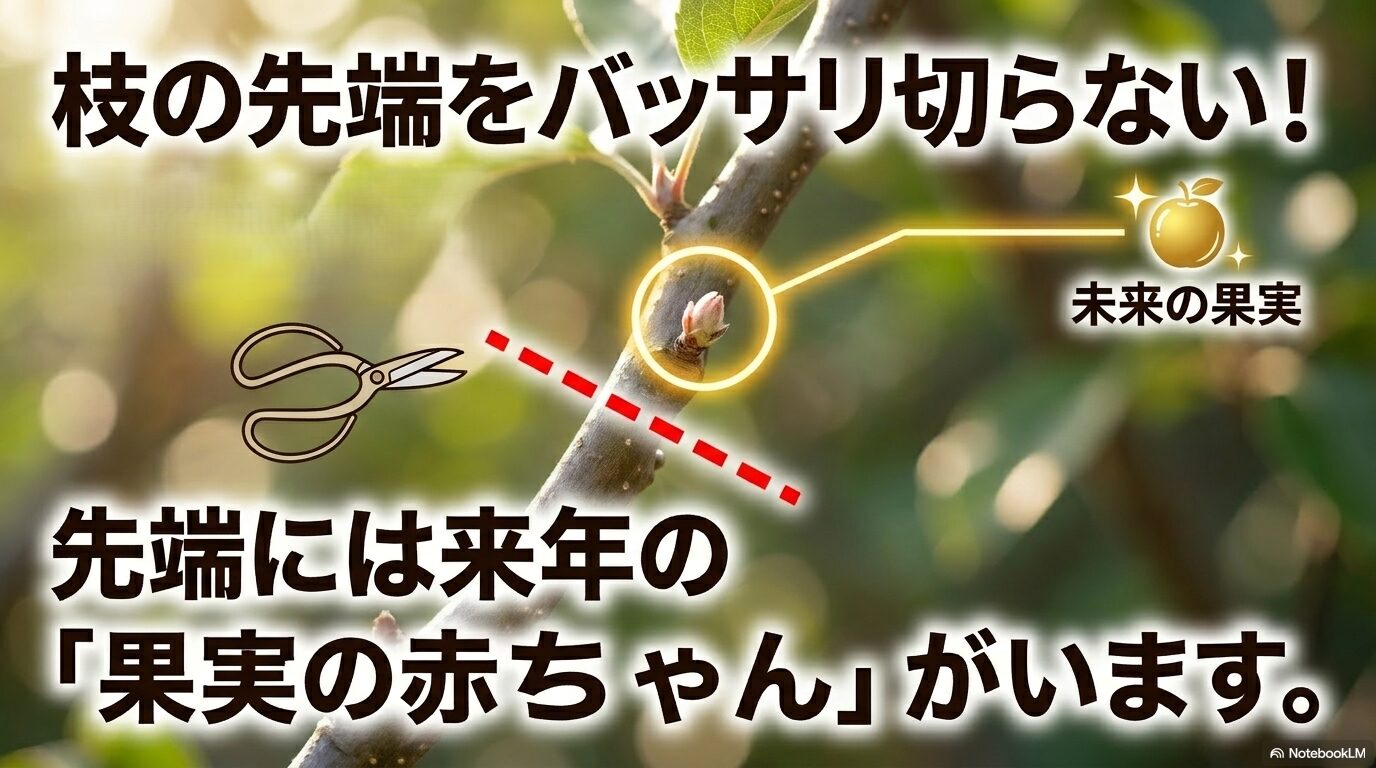 枝の先端にある来年の果実の赤ちゃん（花芽）を残す剪定の注意点