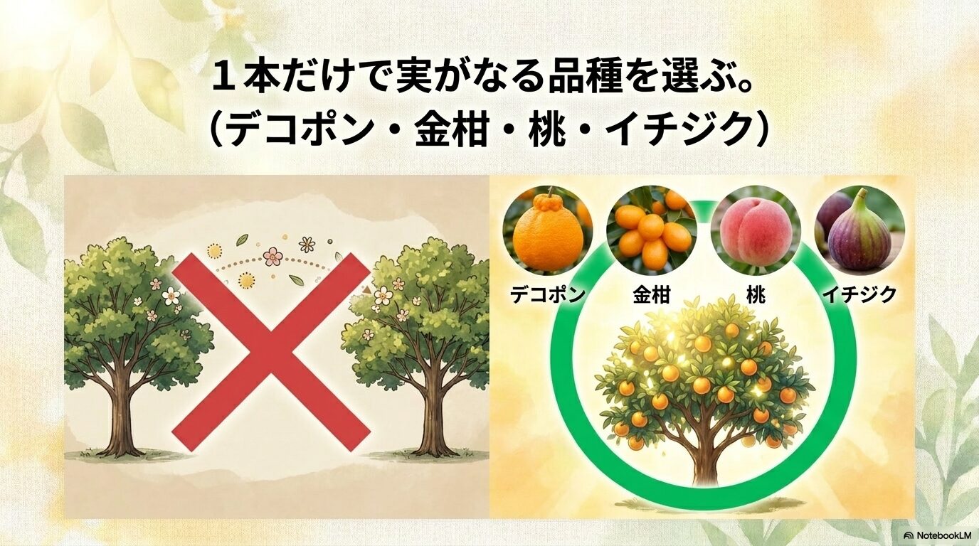 デコポン、金柑、桃、イチジクなど1本だけで実がなる育てやすい品種