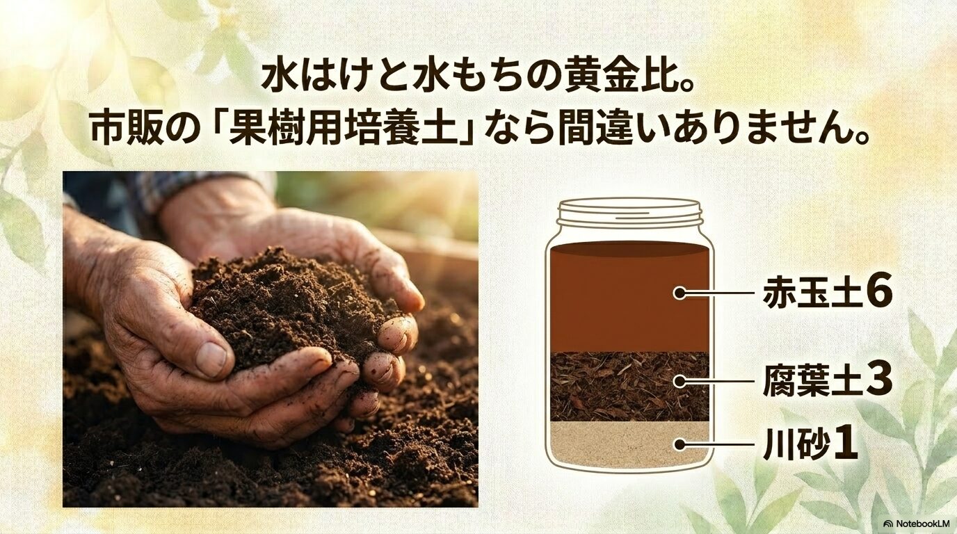 果樹用培養土の基本となる赤玉土6、腐葉土3、川砂1の黄金比