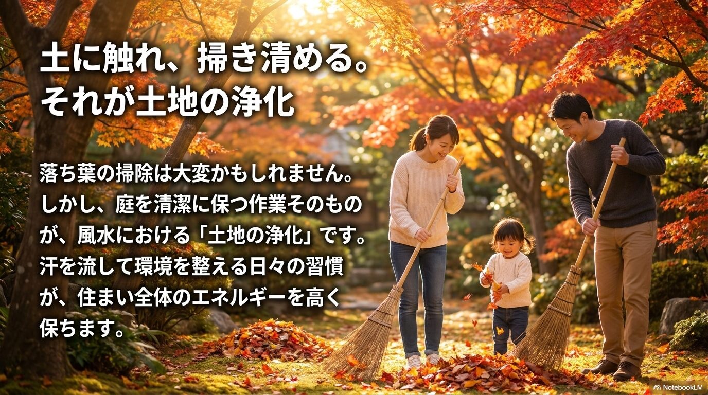 落ち葉の掃除など庭を清潔に保ち汗を流して環境を整えることで住まい全体のエネルギーを高く保つ習慣