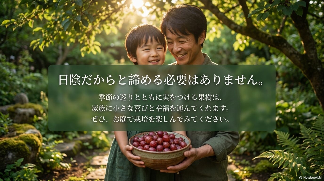 日陰だからと諦めず、季節の巡りとともに実をつける果樹をご家庭のお庭で楽しんでみてくださいという締めくくりのスライド