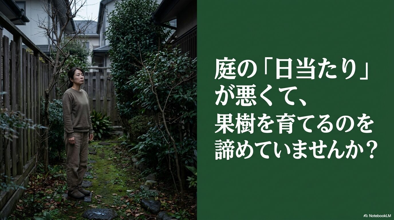 庭の日当たりが悪くて、果樹を育てるのを諦めていませんか？と問いかけるスライド