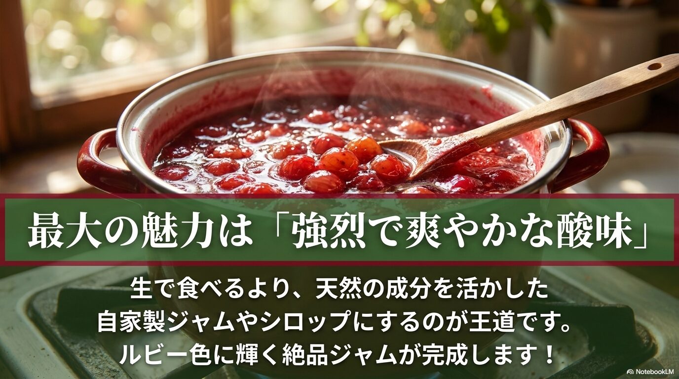 グーズベリーの最大の魅力は酸味であり、天然成分を活かしたルビー色に輝く自家製ジャムやシロップが王道であるという説明スライド