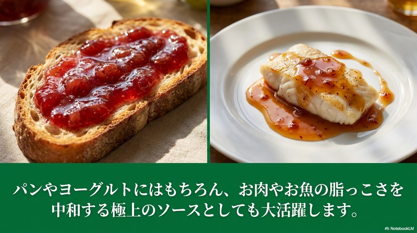 パンやヨーグルトだけでなく、お肉やお魚の脂っこさを中和する極上のソースとしても大活躍するというスライド