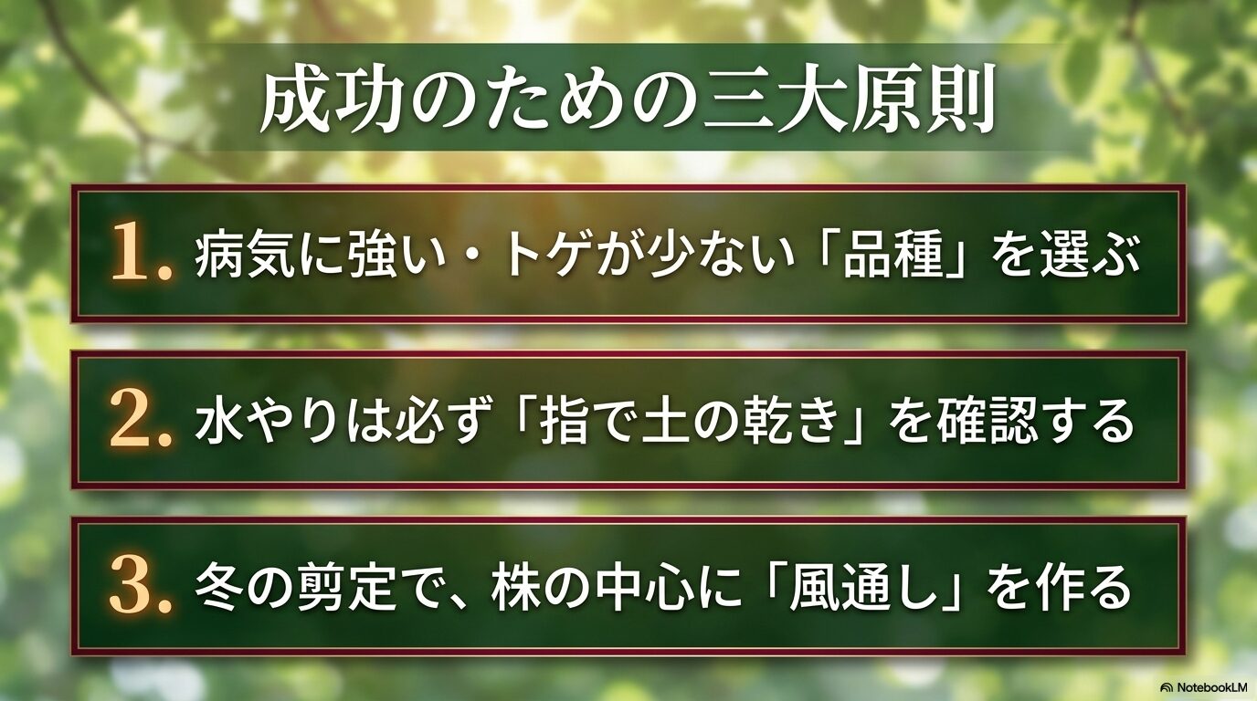 グーズベリー日陰栽培を成功させる三大原則（品種選び、指での水確認、冬の剪定による風通し）のまとめスライド
