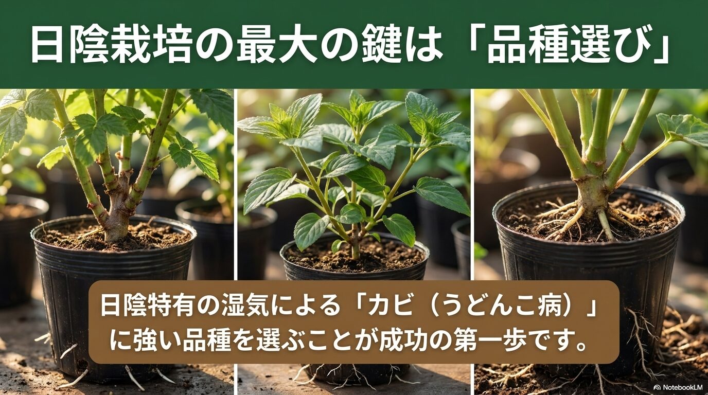 日陰栽培の最大の鍵は、うどんこ病などのカビに強い品種を選ぶことであるという説明スライド