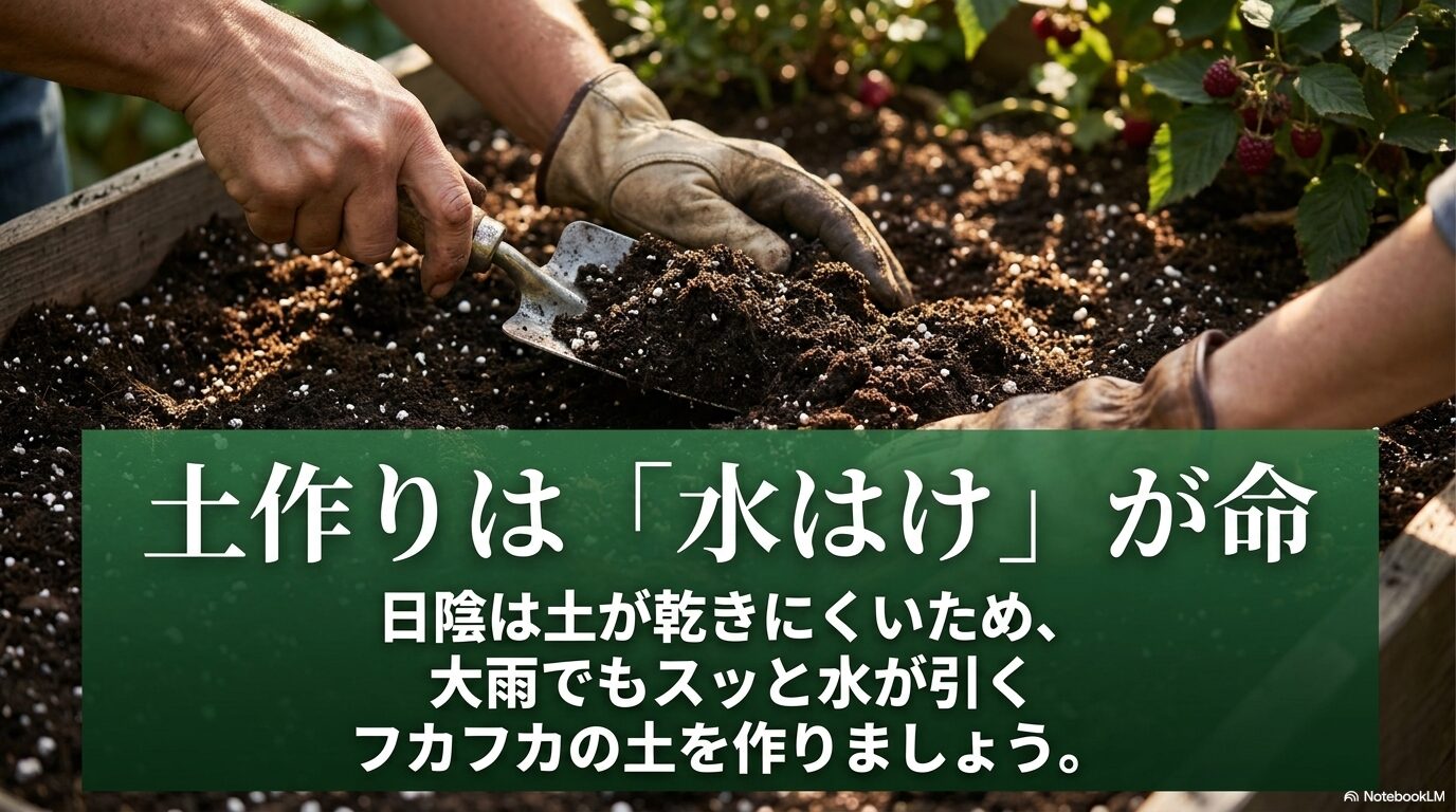 日陰の土作りは水はけが命であり、大雨でもスッと水が引くフカフカの土を作る重要性を説明したスライド