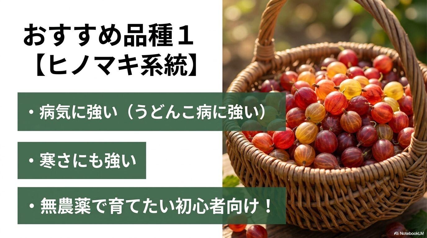 おすすめ品種ヒノマキ系統の特徴（うどんこ病や寒さに強く、無農薬で育てたい初心者向け）の解説スライド