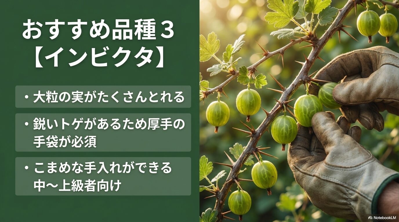 おすすめ品種インビクタの特徴（大粒で多収穫だが鋭いトゲがあり、こまめな手入れが必要な中級・上級者向け）の解説スライド