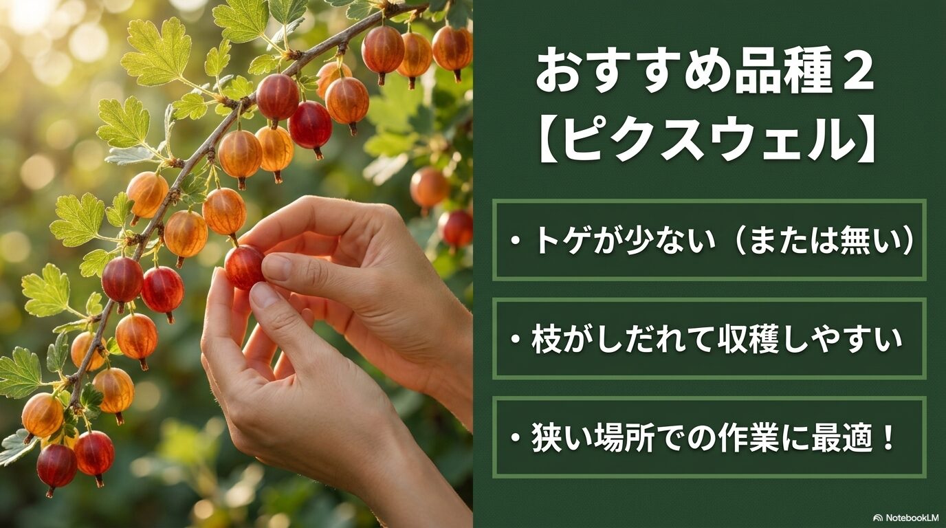 おすすめ品種ピクスウェルの特徴（トゲが少なく、枝がしだれて狭い場所での収穫に最適）の解説スライド