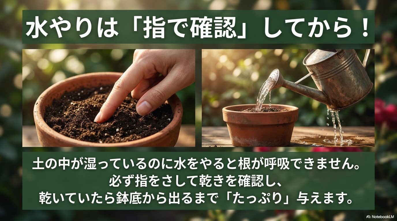鉢植えの水やりは必ず指で乾きを確認し、乾いていたら鉢底から出るまでたっぷりと与える基本を解説したスライド