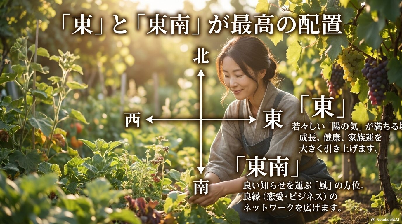ぶどうを植えることで成長や家族運、良縁を引き上げる「東」と「東南」の方位図
