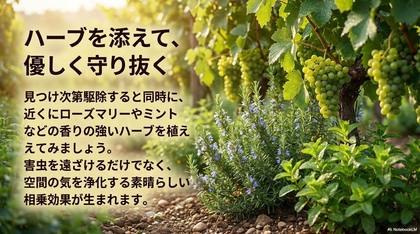 ローズマリーやミントなどの香りの強いハーブを近くに植えて害虫を遠ざけ空間を浄化する相乗効果