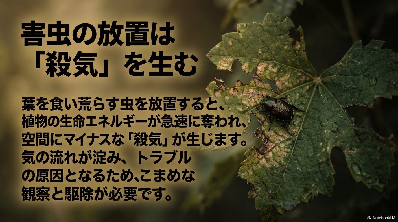 葉を食い荒らす虫を放置することで植物の生命エネルギーが奪われ空間にマイナスな殺気が生じるリスク