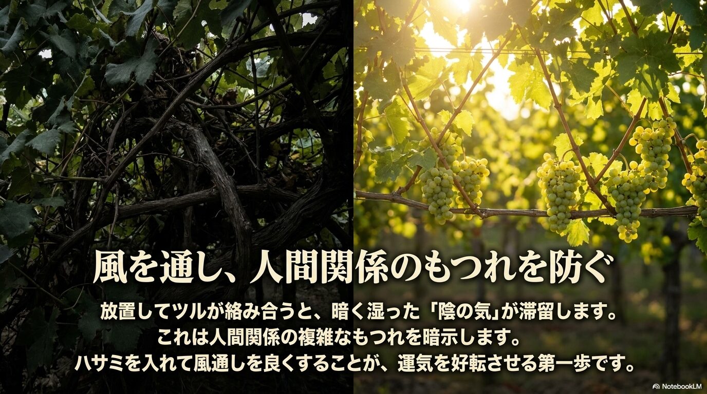 ツルが絡み合うことで生じる暗く湿った陰の気と人間関係のもつれを防ぐための手入れの重要性