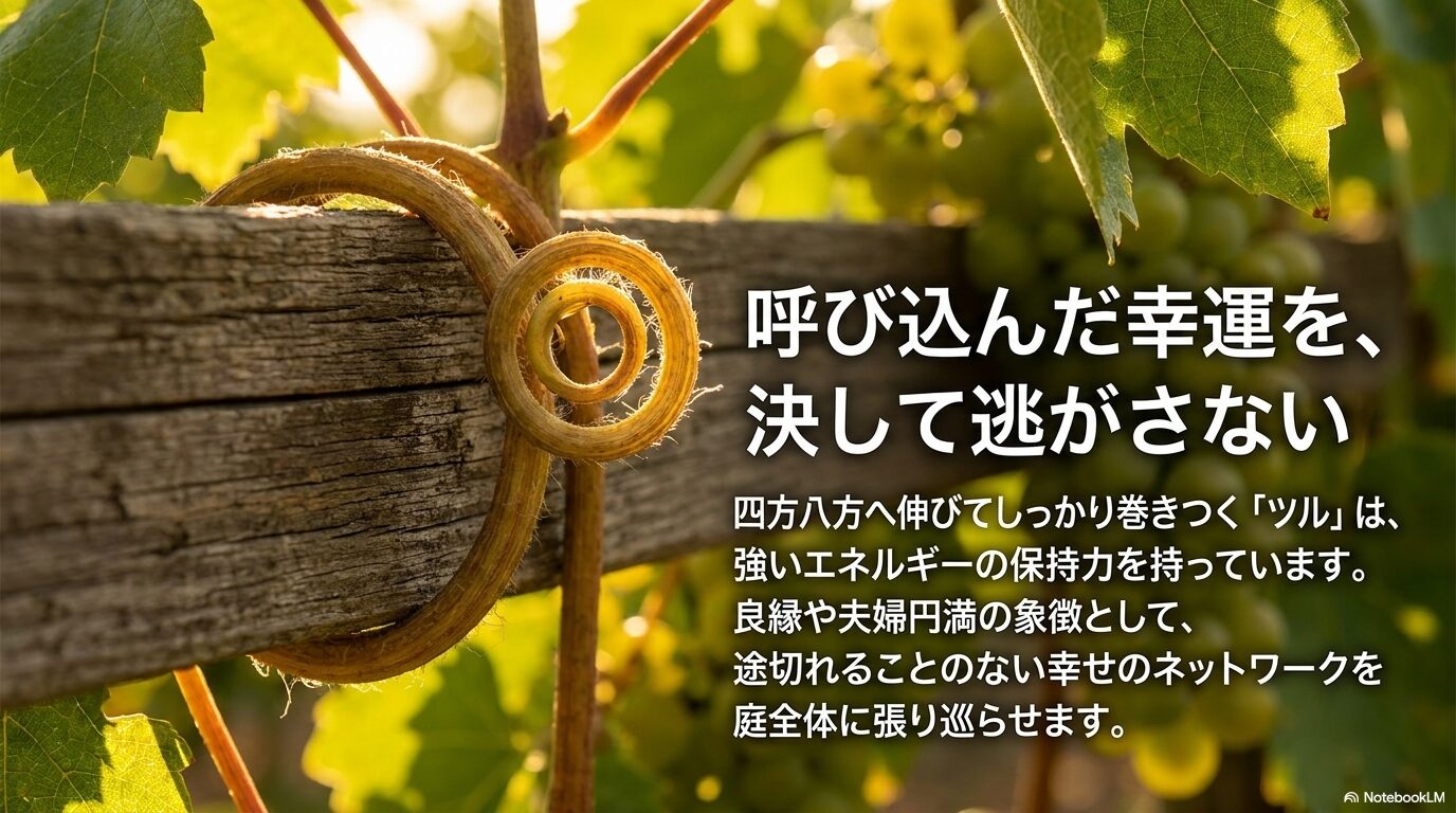 四方八方に伸びて巻きつくぶどうのツルが持つ強いエネルギーの保持力と良縁の象徴