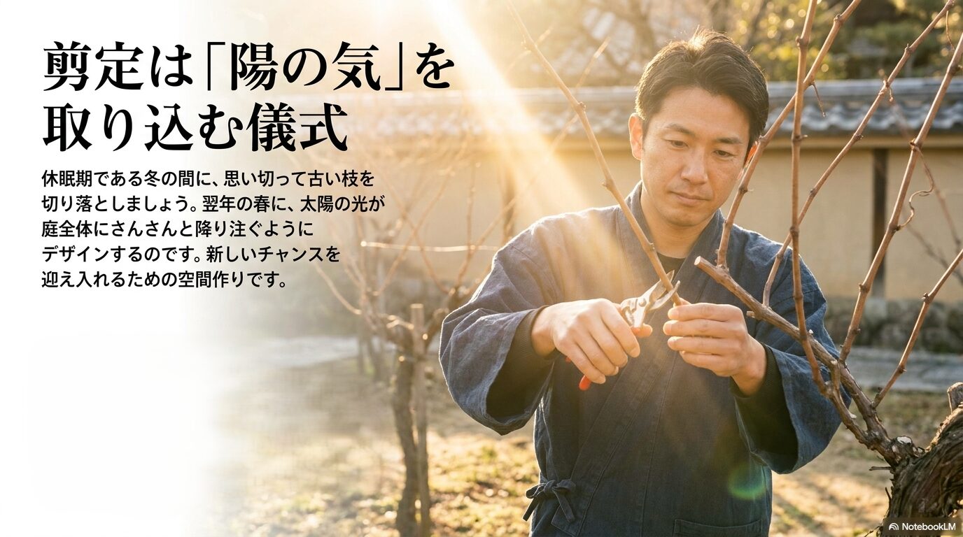 休眠期の冬に古い枝を切り落とし春に太陽の光と新しいチャンスを迎え入れるための空間作り