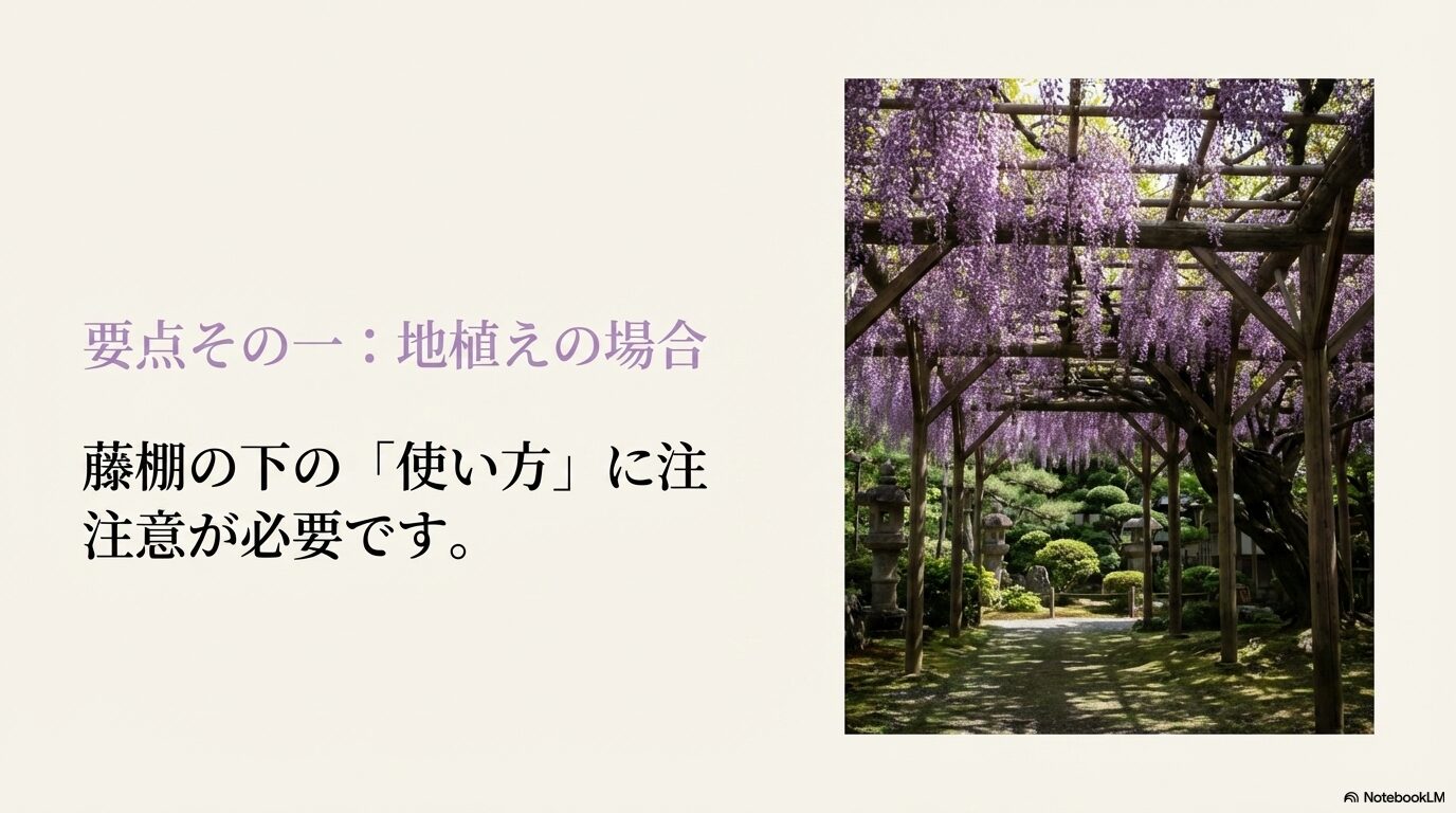 地植えの場合、藤棚の下の使い方に注意が必要であることと立派な藤棚の景観