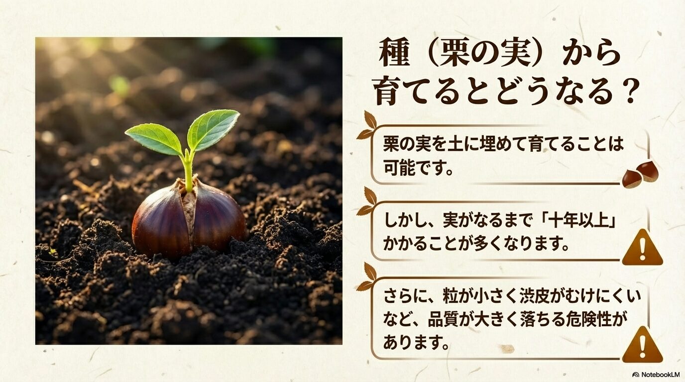 栗の実から育てると実がなるまで10年以上かかり、粒が小さくなるなど品質が落ちる危険性があることを解説するスライド