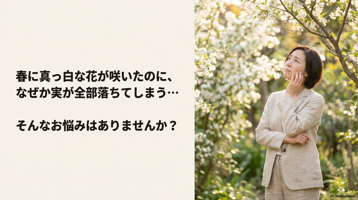 春に真っ白な花が咲いても実が全部落ちてしまうグミの木の悩みを表すスライド