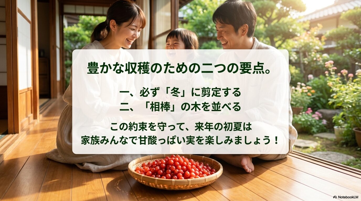 豊かな収穫のための二つの要点として冬の剪定と受粉樹の配置をまとめたスライド