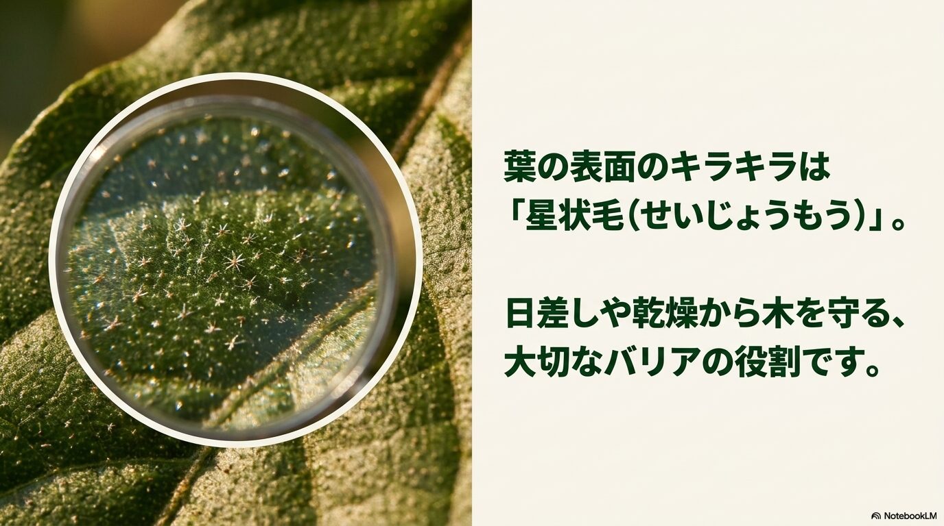 拡大して見たグミの木の葉の表面にある星状毛