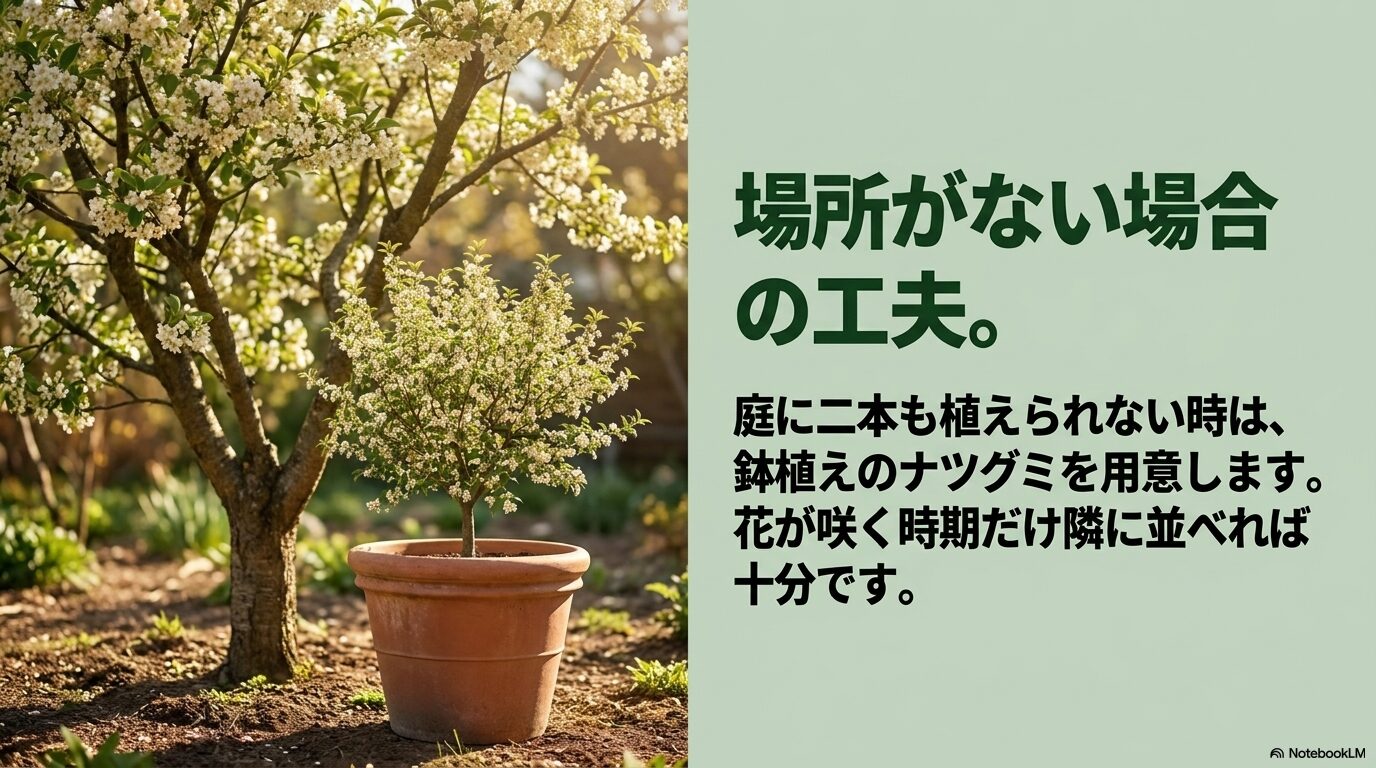 庭の地植えのビックリグミの隣に、受粉樹として開花期だけ配置された鉢植えのナツグミ