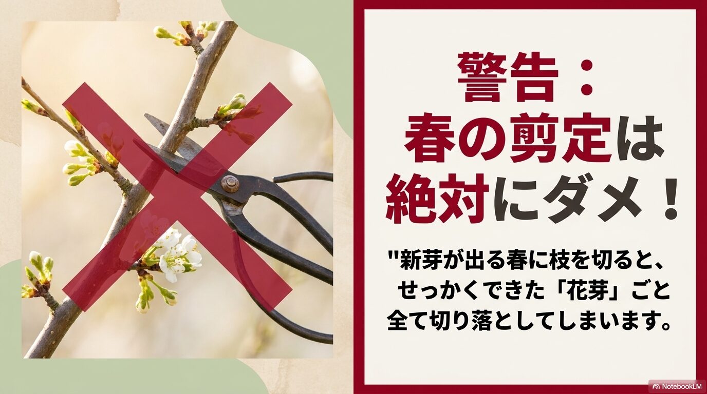 花芽ごと枝を切り落としてしまう春の剪定を禁止する赤いバツ印